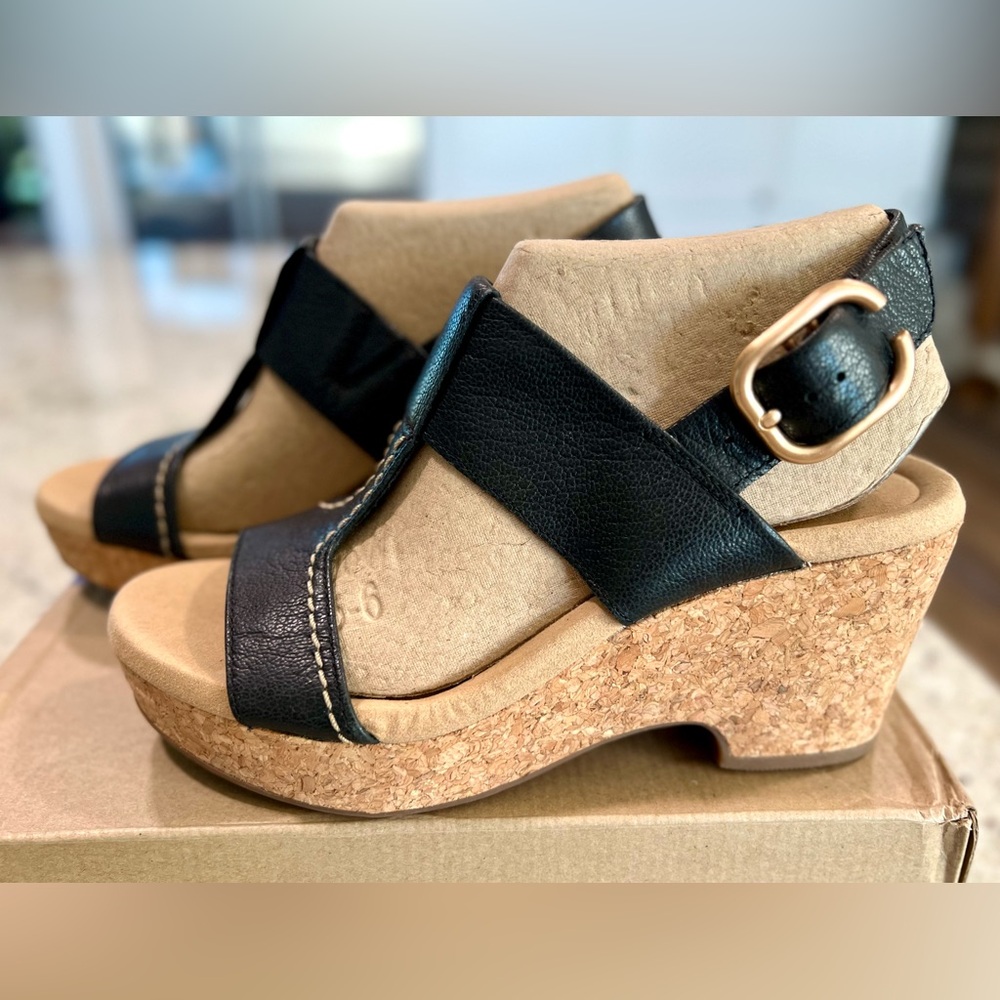 Clarks Collection Black Leather Cork Wedges "NEW"
